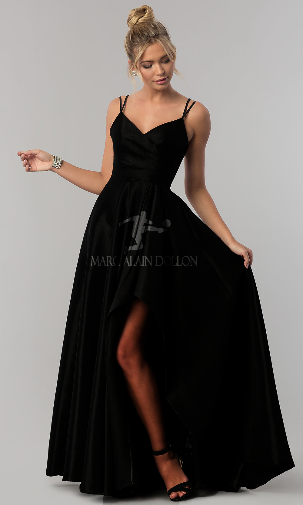 High-Low Side-Slit Long Taffeta Marc Alain Dollon Logo Print Dress